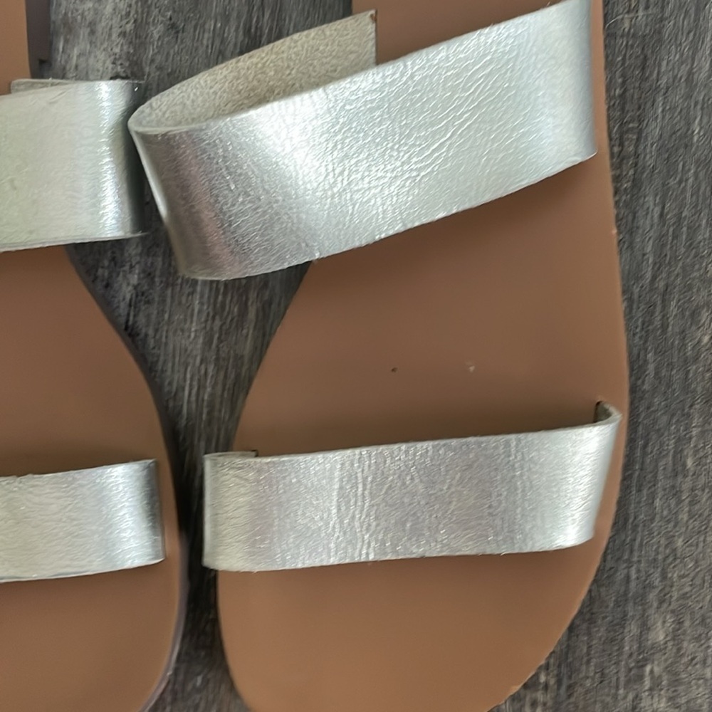 J.Crew Malta metallic silver 2 strap leather flat slide sandal size 7